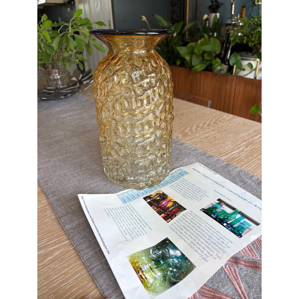 2007 Blenko Hand-Blown Glass Beaker Vase Amber & Cobalt Signed - Picture 15 of 16